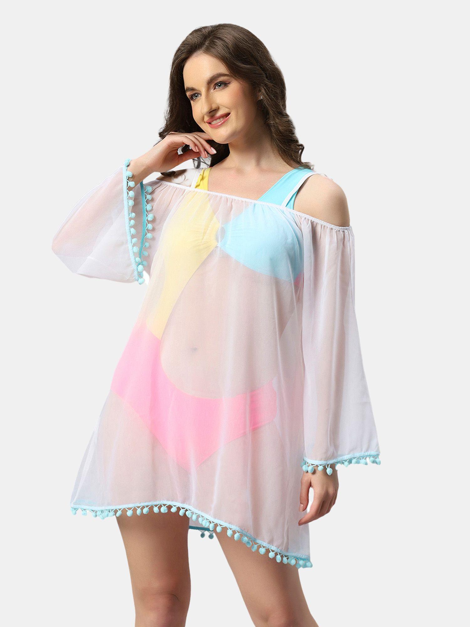 aqua swimwear full sleeves off shoulder pom-pom cover up dress