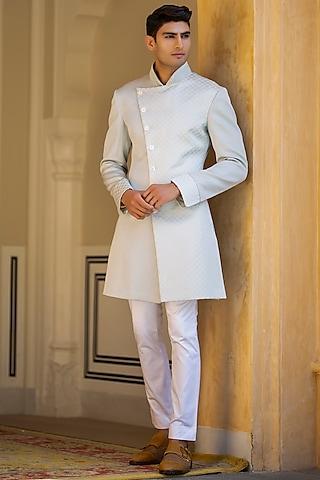 aqua textured fabric embossed angrakha kurta