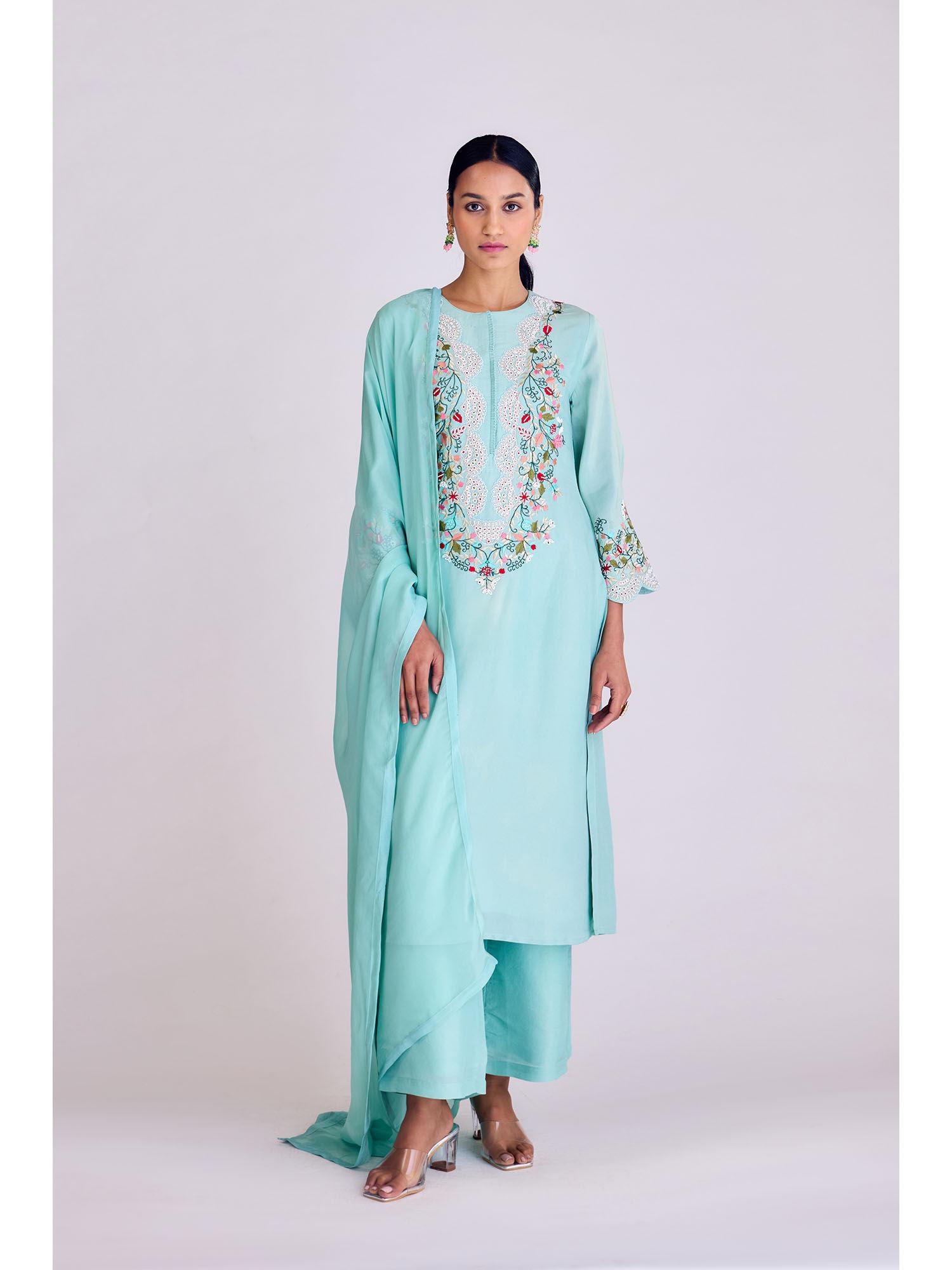 aqua tissue kurta with palazzo and dupatta (set of 3)