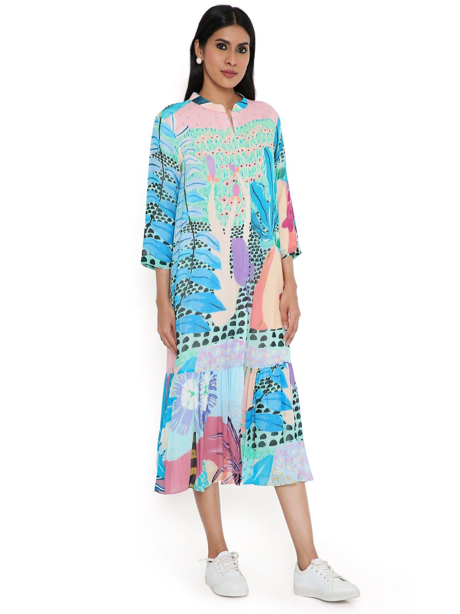 aqua tropical print art georgette shirt dress