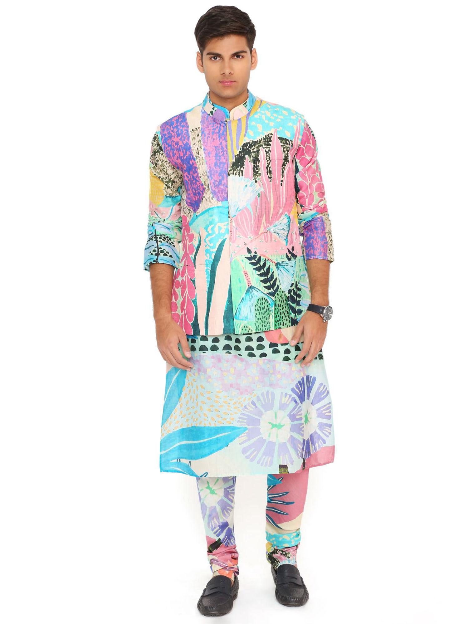 aqua tropical print dupion silk bandi kurta and churidar (set of 3)