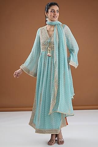 aqua viscose chiffon tie-dye zari embroidered & foil printed kurta set