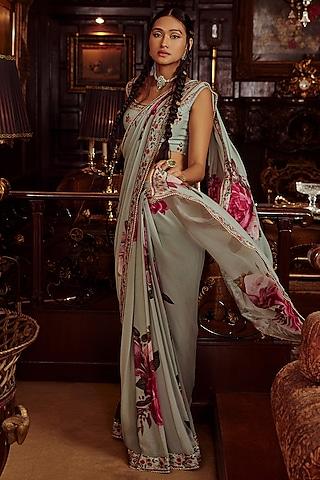 aqua viscose georgette floral printed pre-draped saree set