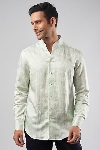 aqua white linen silk digital printed shirt