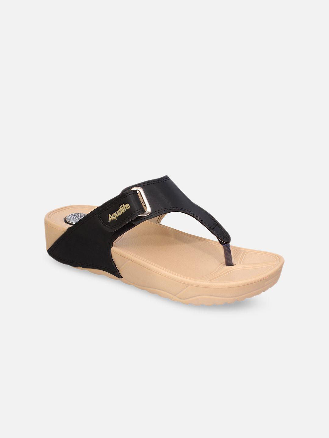 aqualite women black & beige solid open toe flats