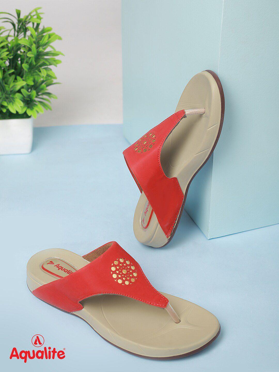 aqualite women red t-strap flats with laser cuts