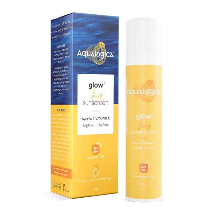 aqualogica glow+ dewy sunscreen spf 50 pa+++ for uva/b & blue light protection, for glowing & well protected skin, cream, 50g