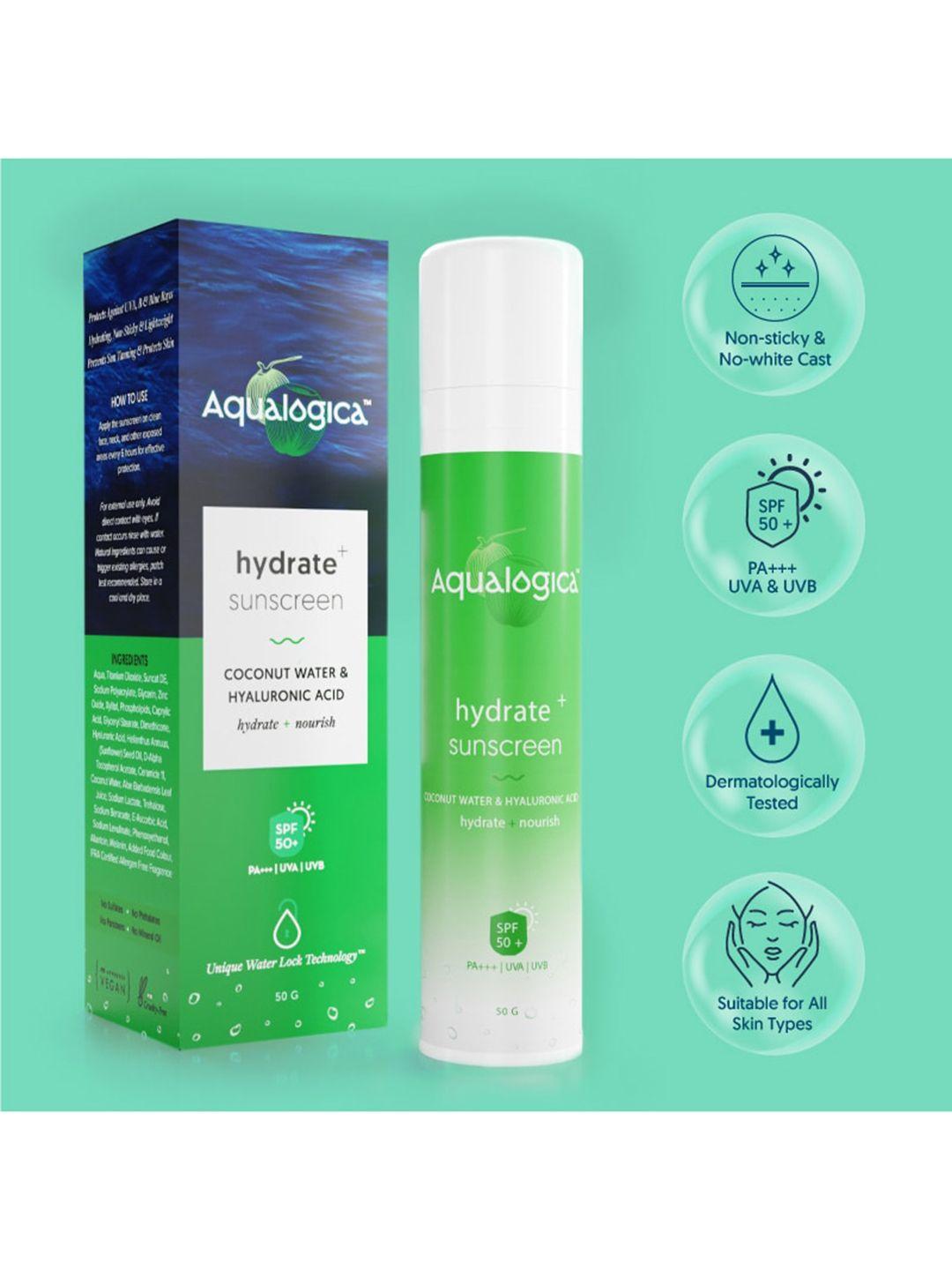 aqualogica hydrate+ spf 50 sunscreen with coconut water & hyaluronic acid 50 g