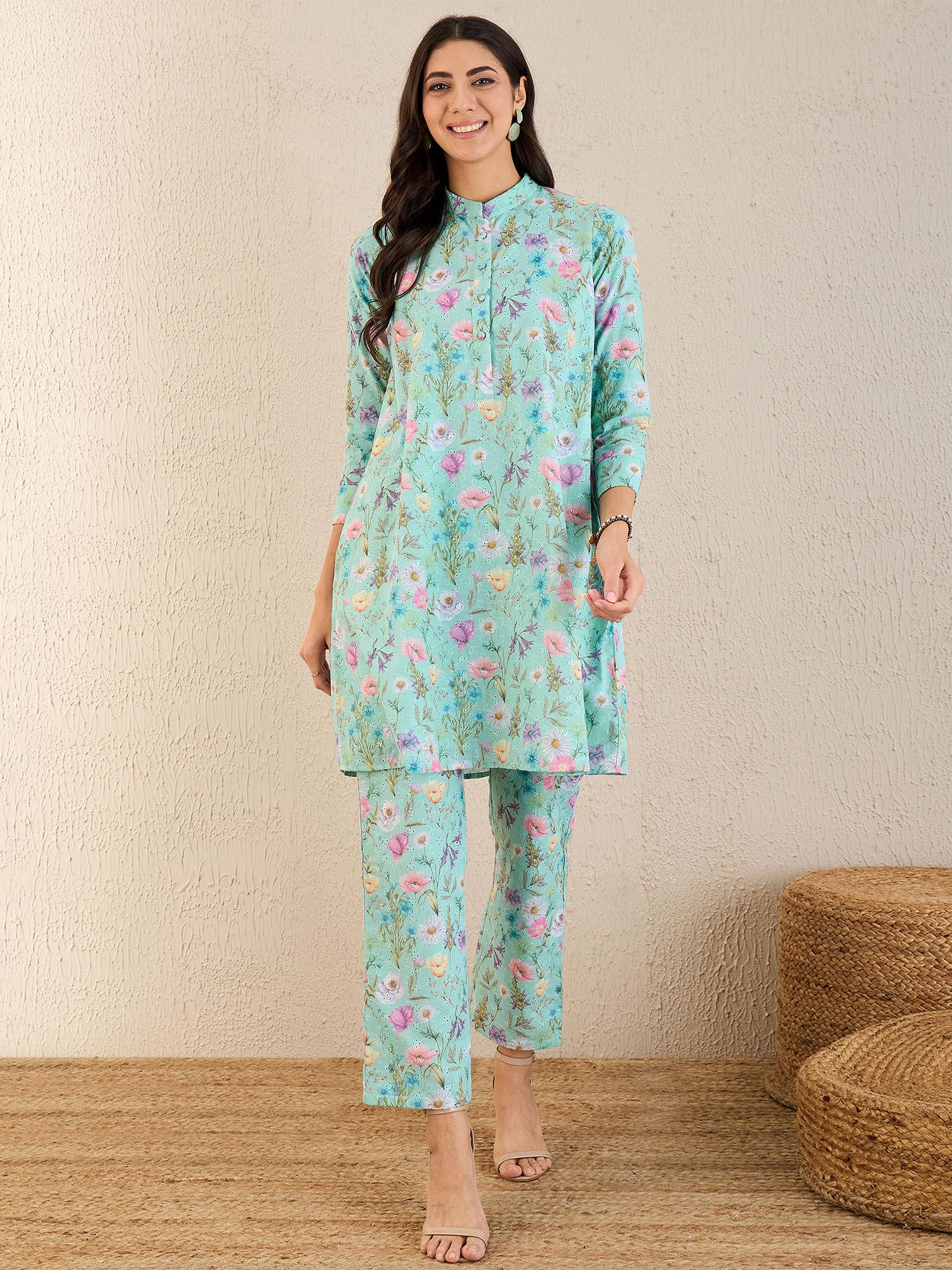 aquamarine floral print schiffli co-ord (set of 2)