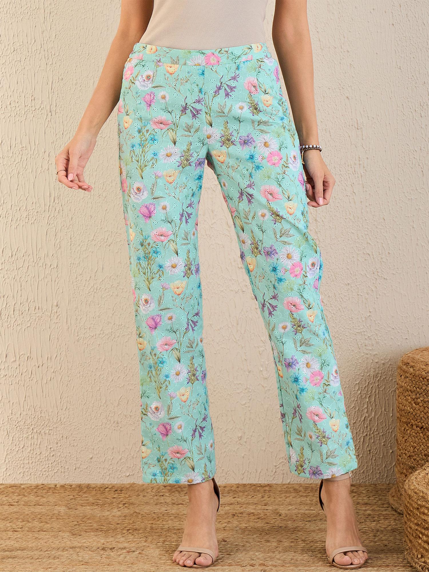 aquamarine floral print schiffli straight pant