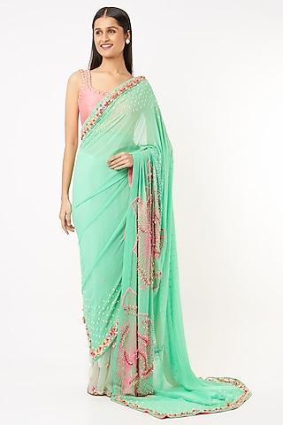 aquamarine green embroidered saree set