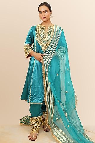 aquamarine mashru silk gota & sequins hand embroidered kurta set