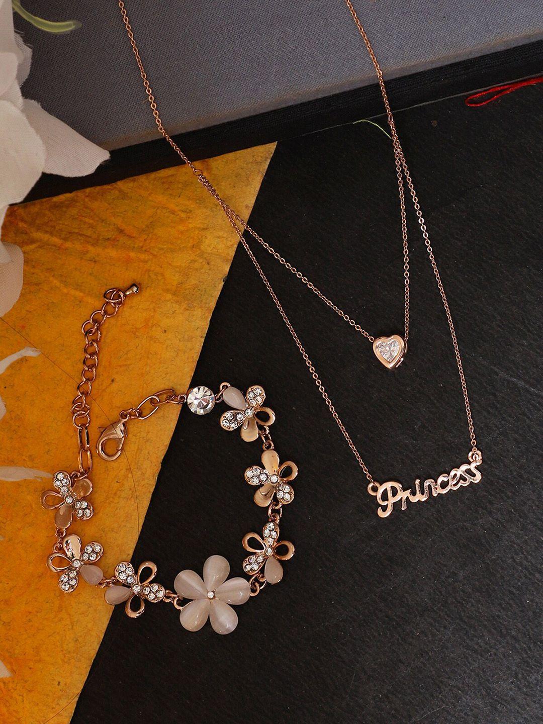 aquastreet 18k rose gold-plated & white crystal-studded charm bracelet & layered pendant necklace jewellery set