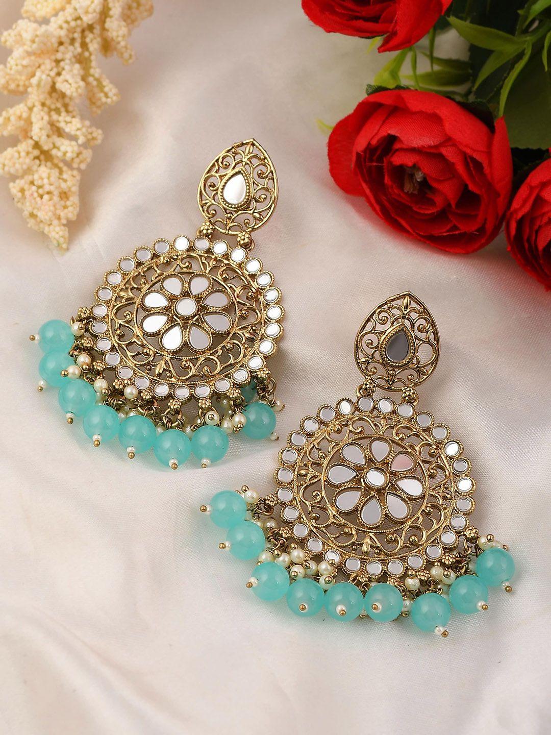 aquastreet gold plated & blue mirror jhumka earrings with stones