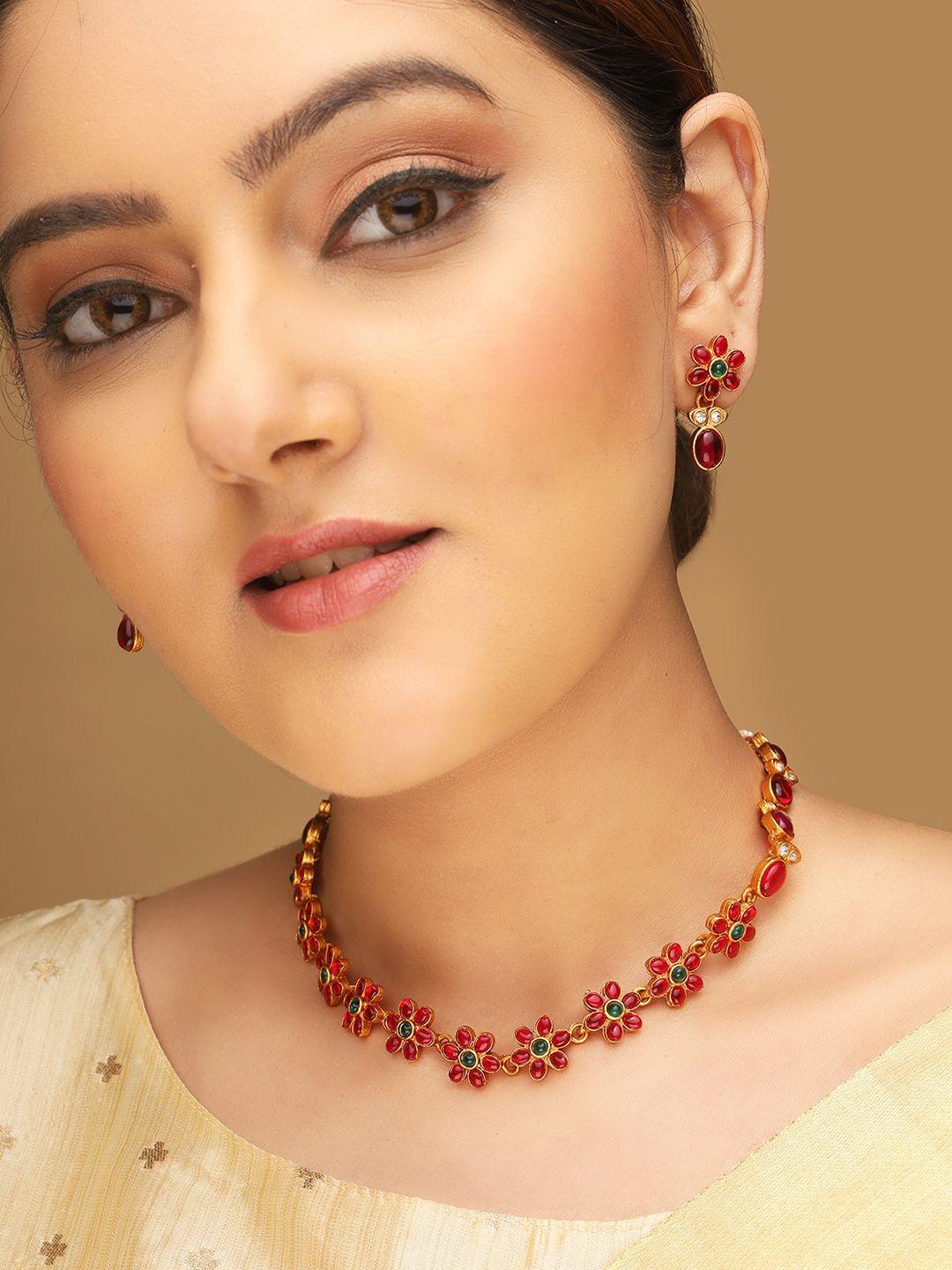aquastreet gold-plated artificial stones-studded &peral beaded jewellery set
