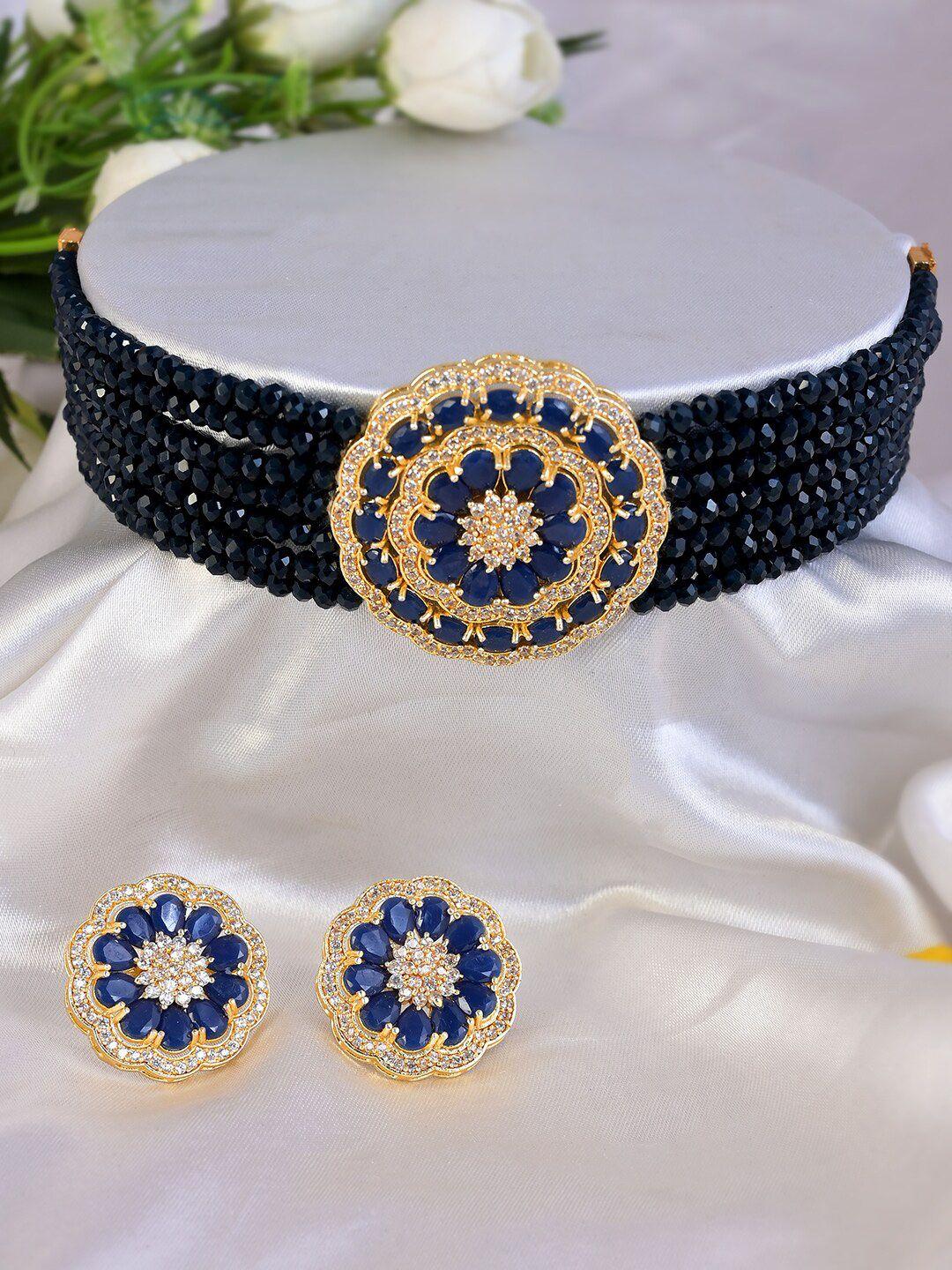 aquastreet gold-plated blue & white cz-studded & beaded  jewellery set