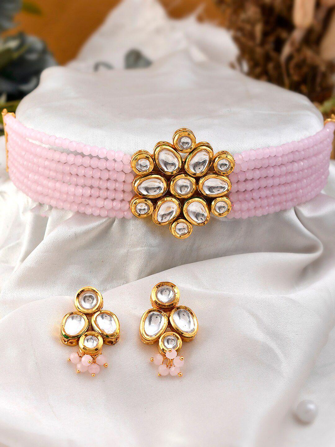 aquastreet gold-plated pink & white kundan studded & beaded jewellery set