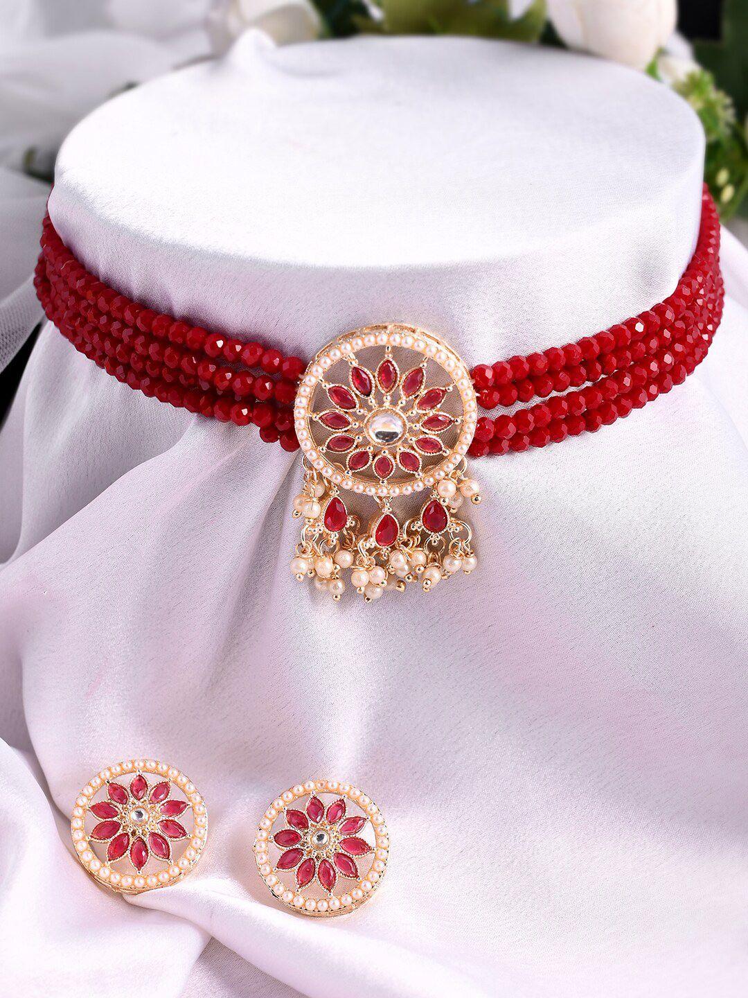 aquastreet gold-plated red stone studded & beaded jewellery set