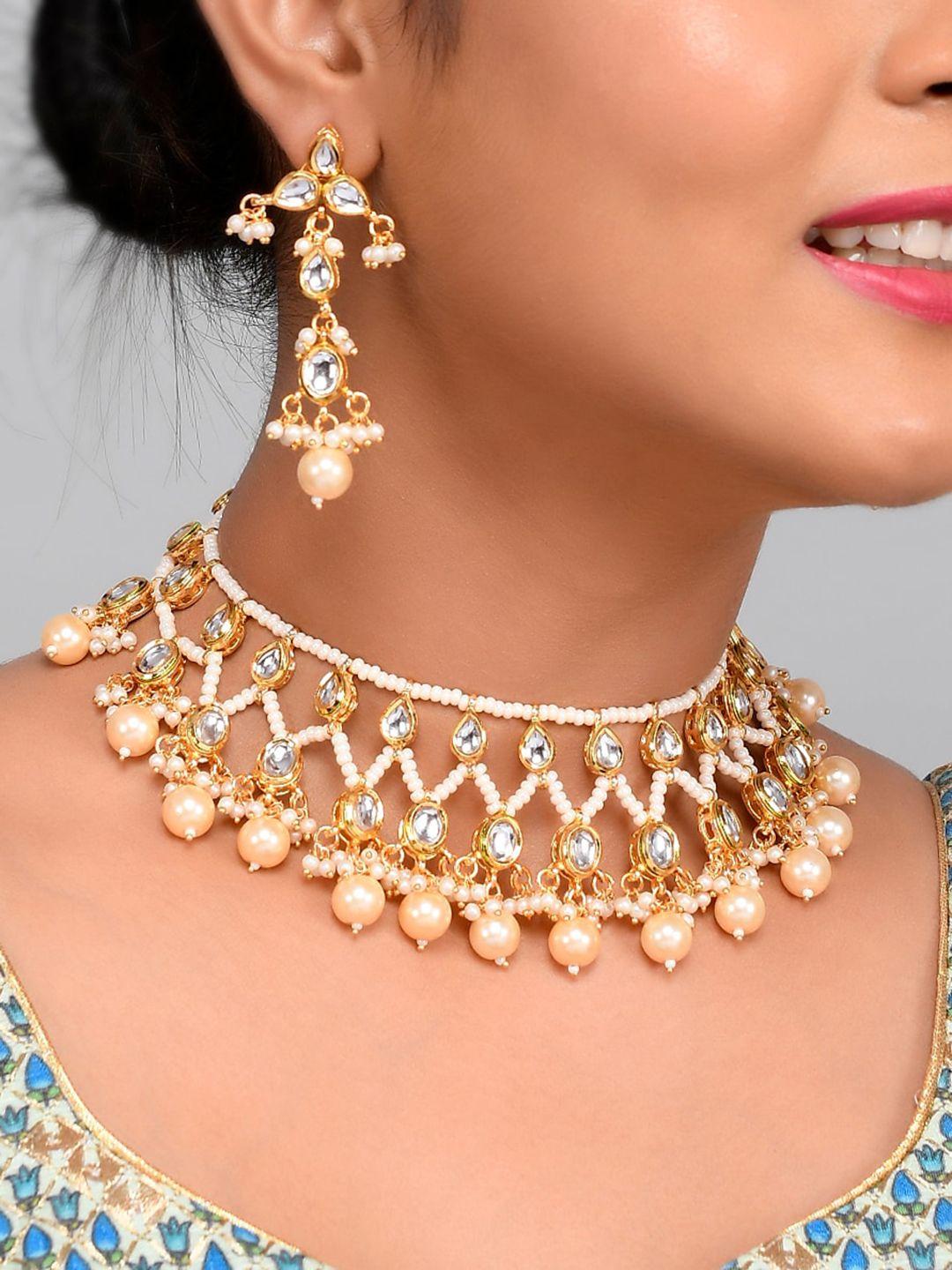 aquastreet gold-plated white kundan & pearl studded jewellery set