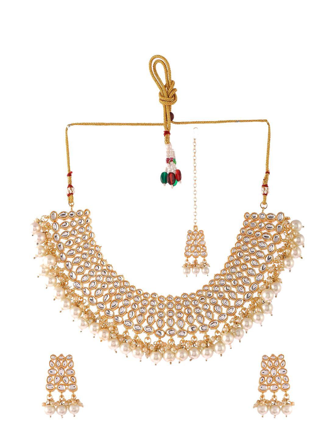 aquastreet gold-plated white kundan studded & beaded jewellery set