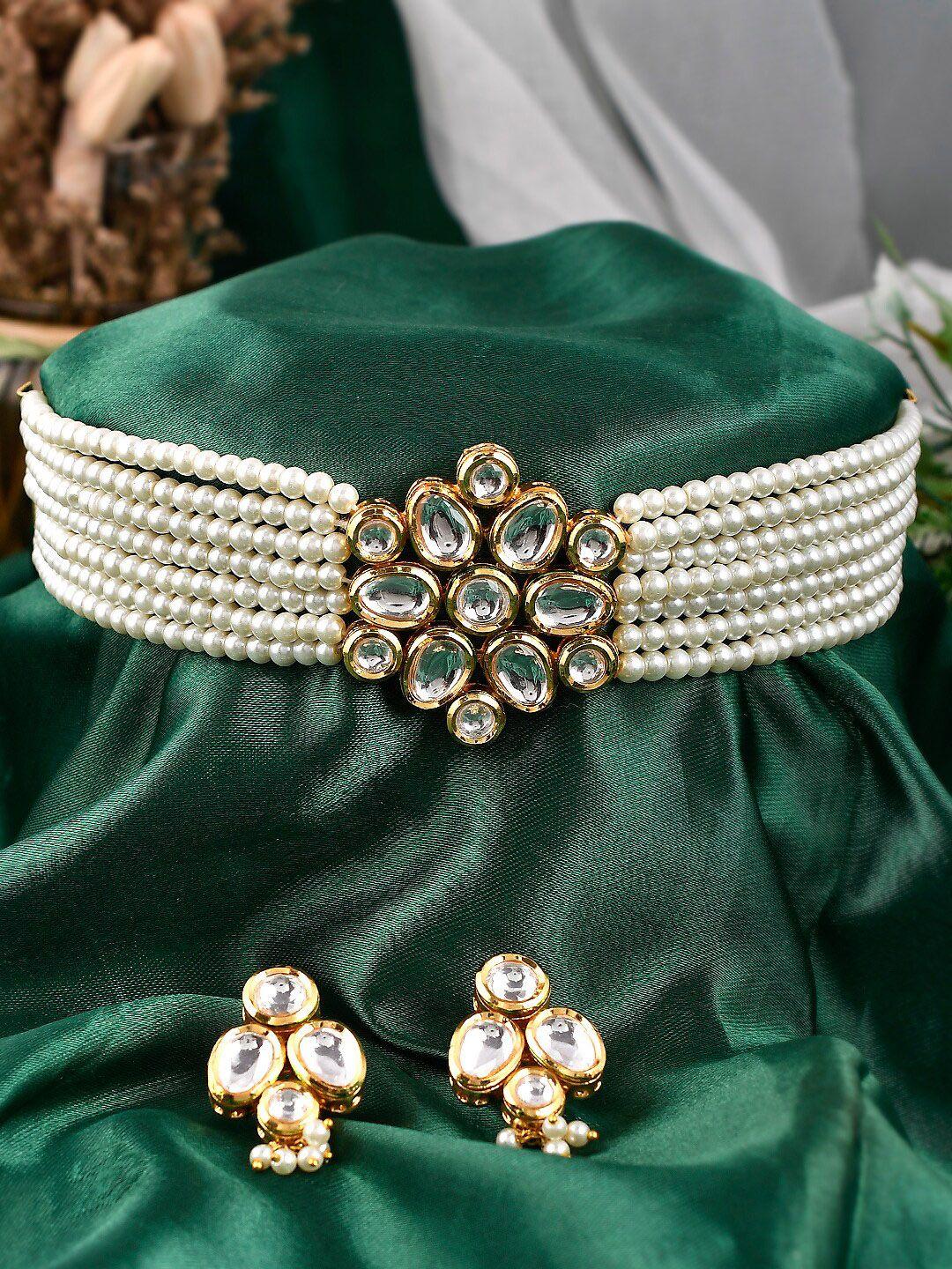 aquastreet gold-plated white kundan-studded jewellery set