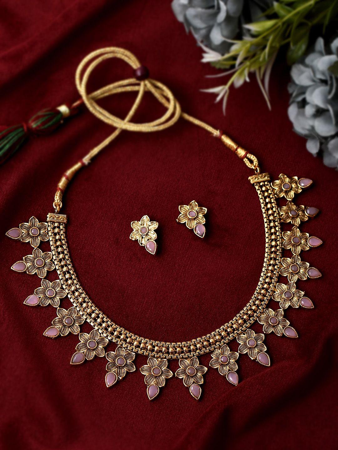 aquastreet jewels antique gold plated pink floral designed necklace jewelry set