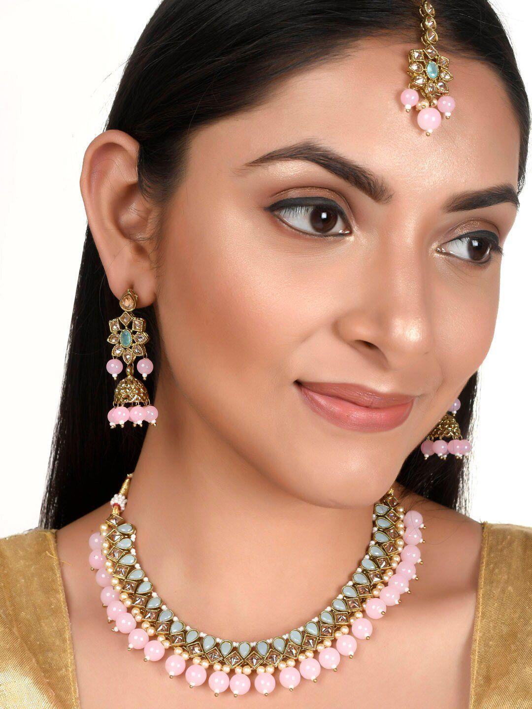 aquastreet jewels baby pink beads and colourful crystals stones maang tika jewellery set