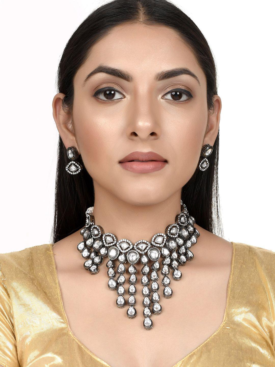 aquastreet jewels black rhodium plated tasselled kundan necklace jewelry set