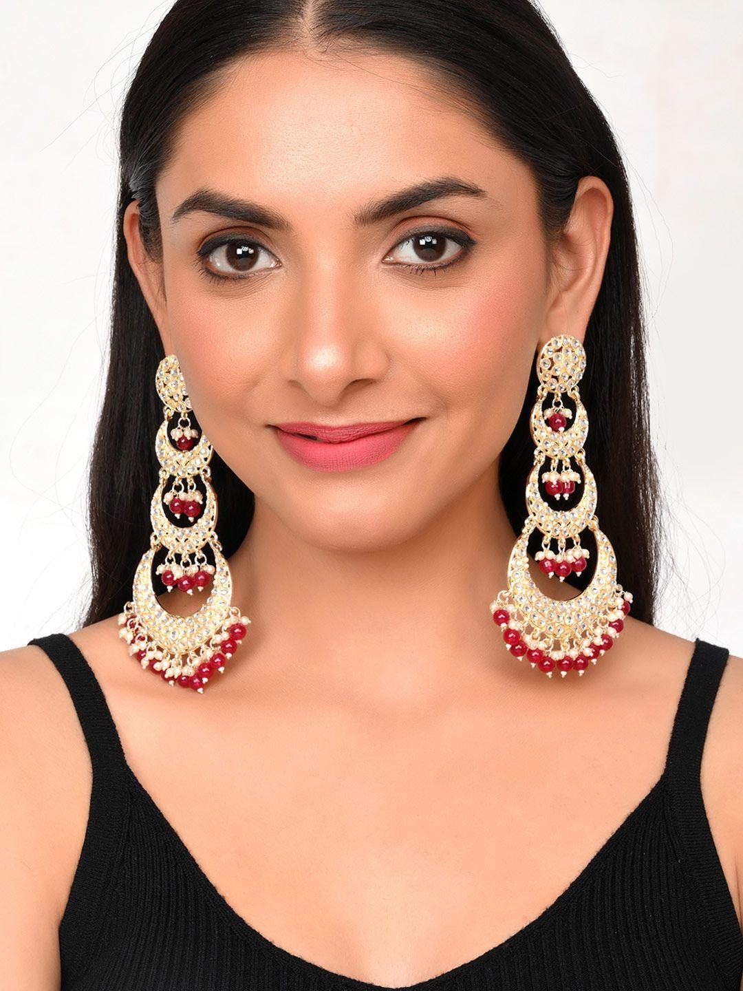aquastreet jewels gold-plated & maroon kundan studded contemporary chandbalis earrings