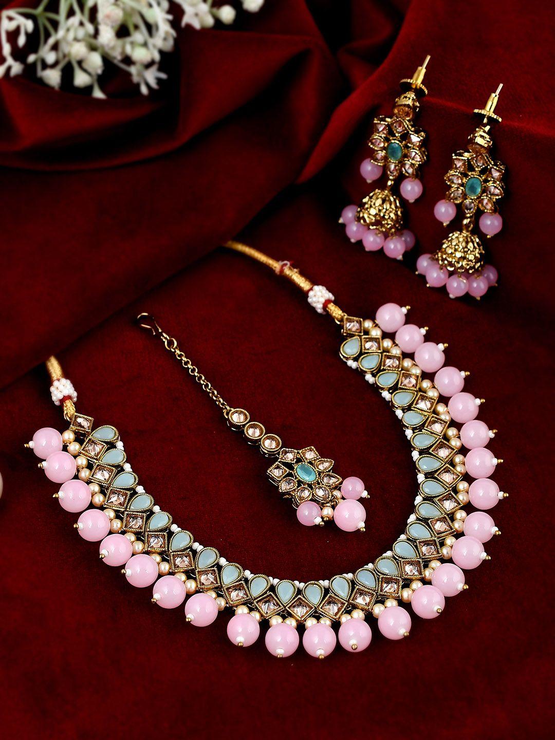 aquastreet jewels gold-plated ad studded necklace & earring with maang tika set