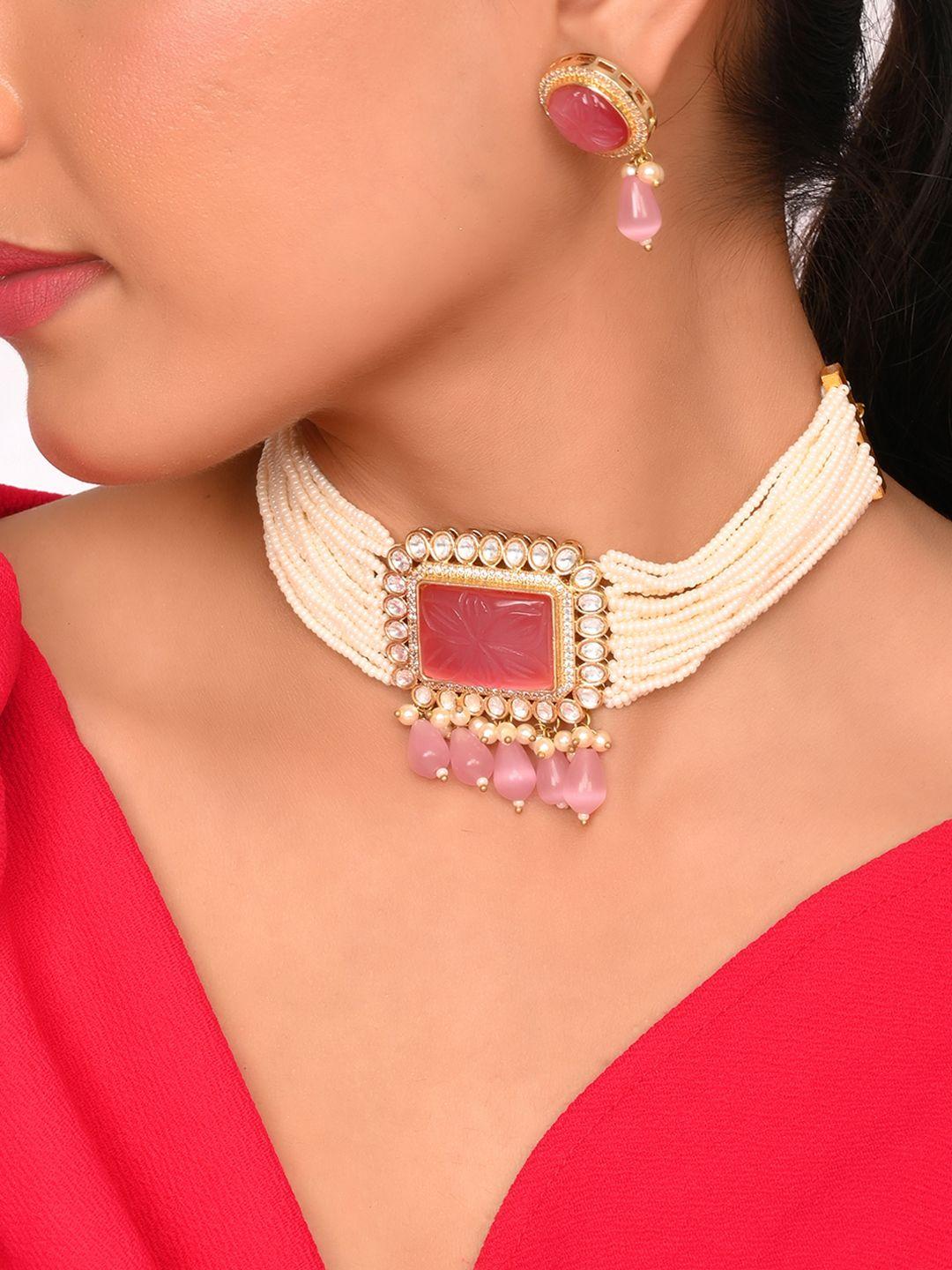 aquastreet jewels gold-plated pink & white pearl studded & beaded choker jewellery set