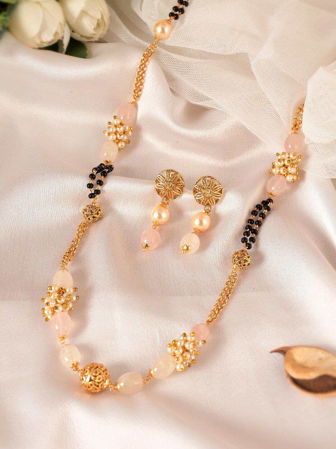 aquastreet jewels gold-plated pink beaded mangalsutra with earrings