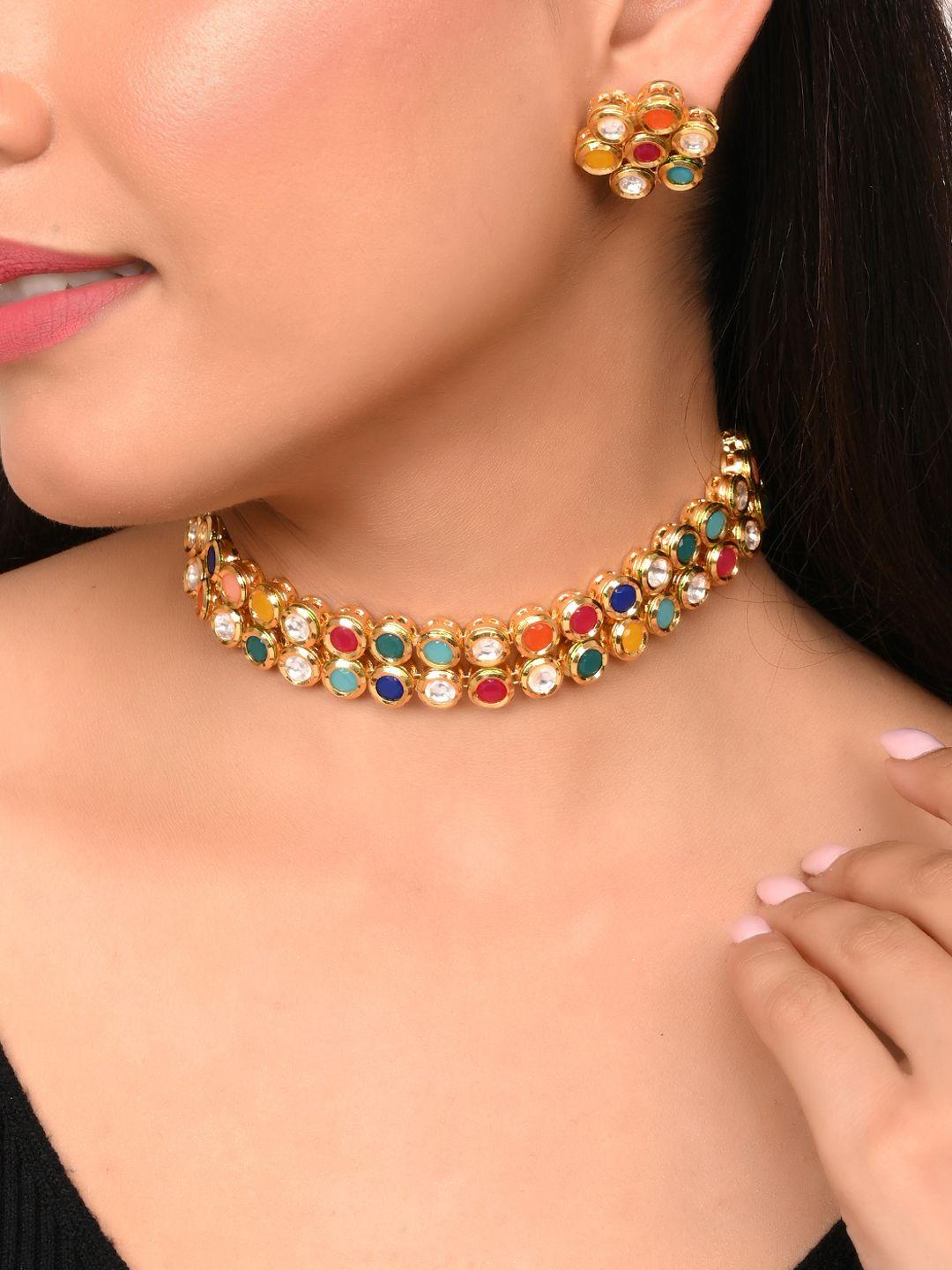 aquastreet jewels gold-plated red & blue kundan studded jewellery set