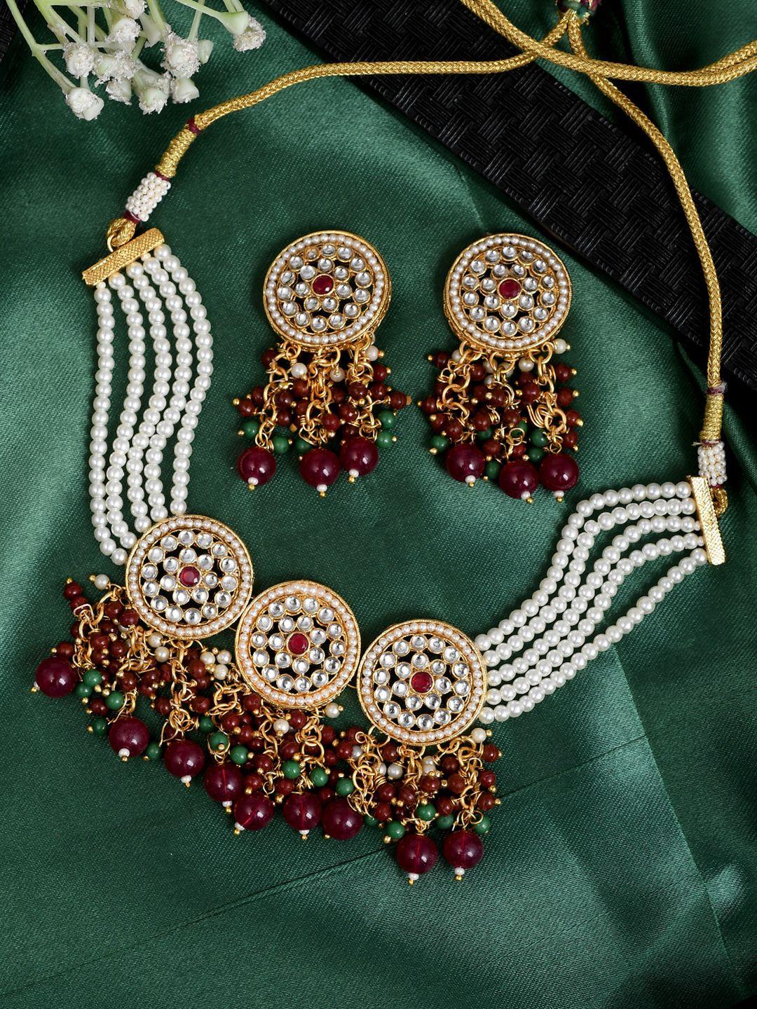 aquastreet jewels gold-plated red kundan studded pearl jewellery set with tassel drops