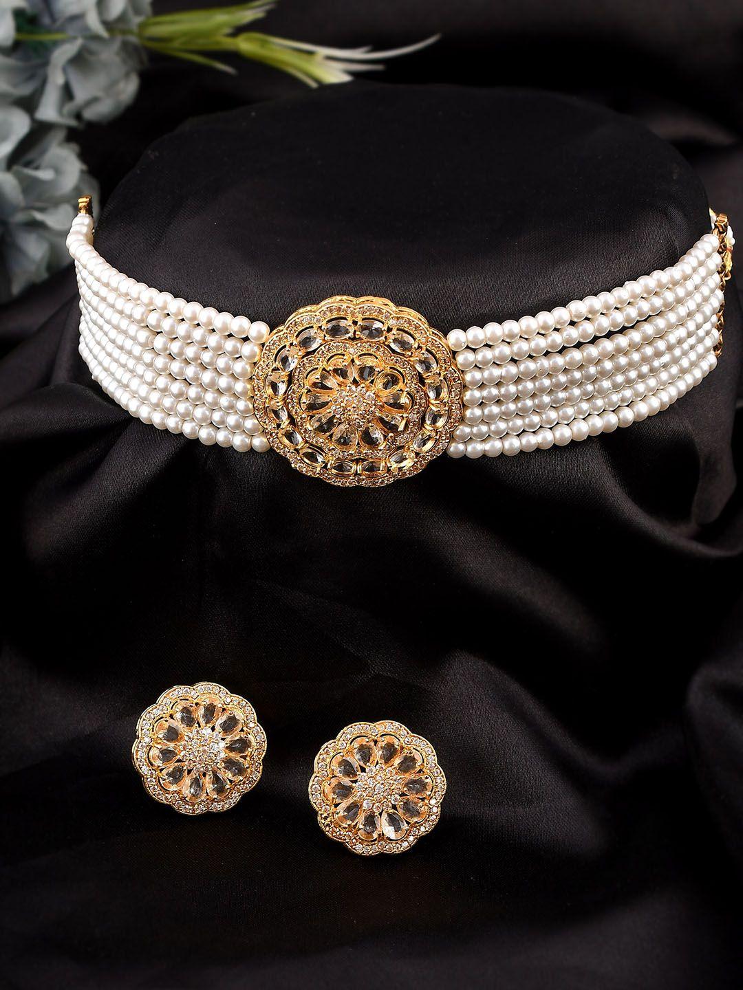 aquastreet jewels gold-plated white ad-studded & beaded jewellery set