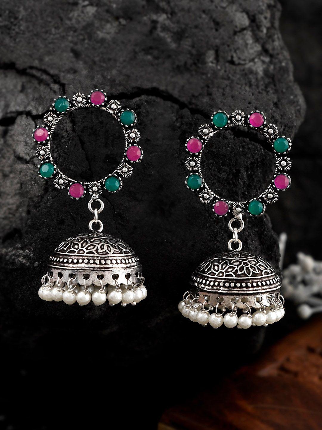 aquastreet jewels oxidised silver-plated & green circular jhumkas earrings