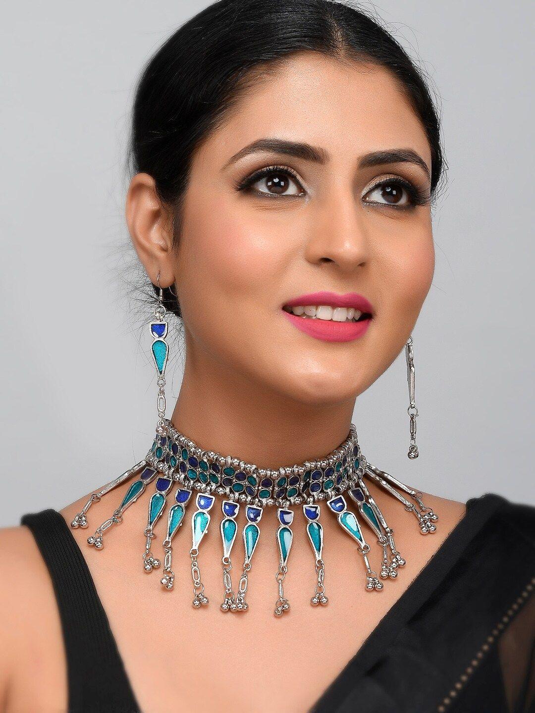 aquastreet jewels oxidised silver-plated blue stone-studded afghani jewellery set