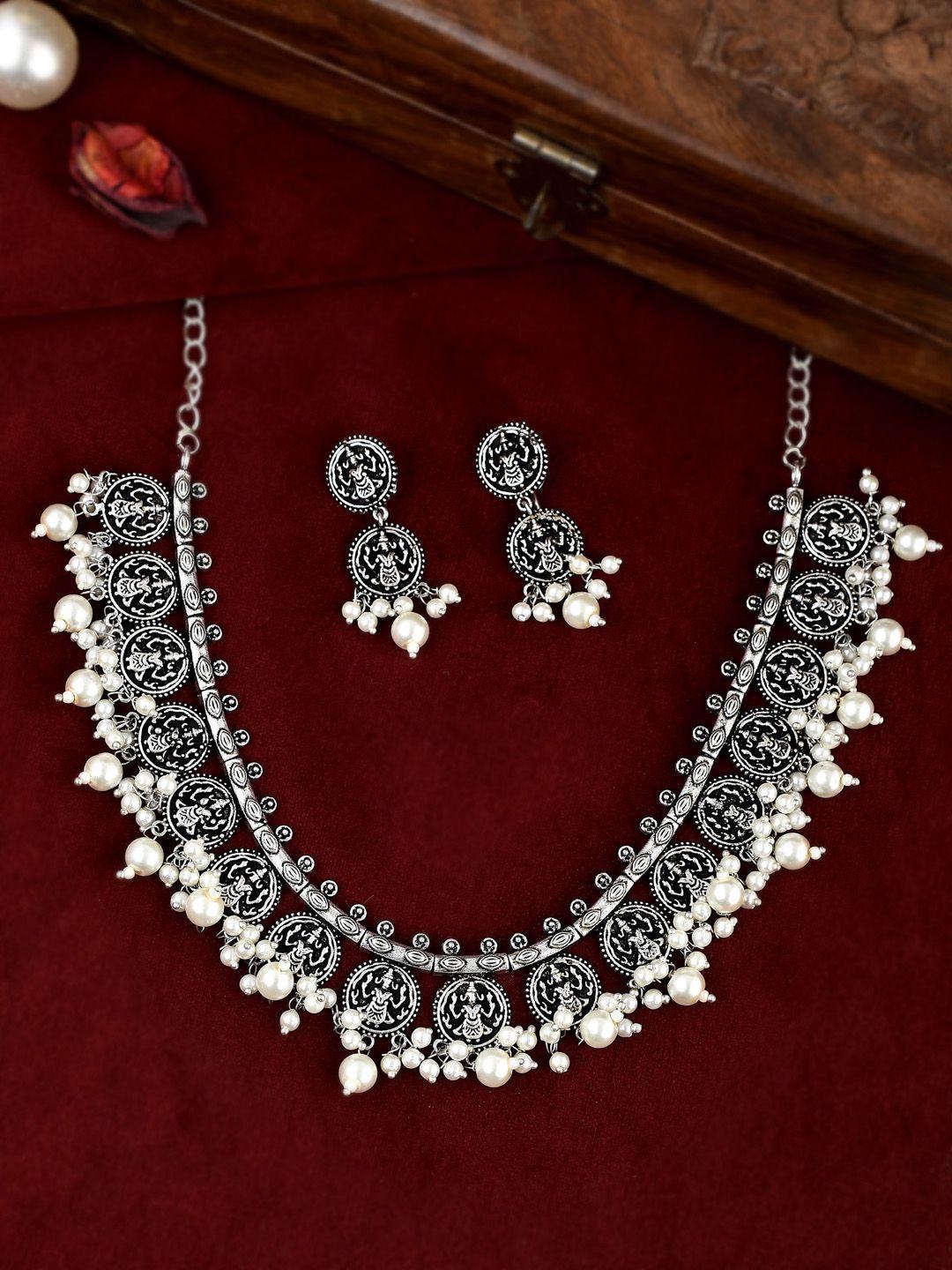 aquastreet jewels oxidized silver-plated white lakshmi in coin beaded jewellery set