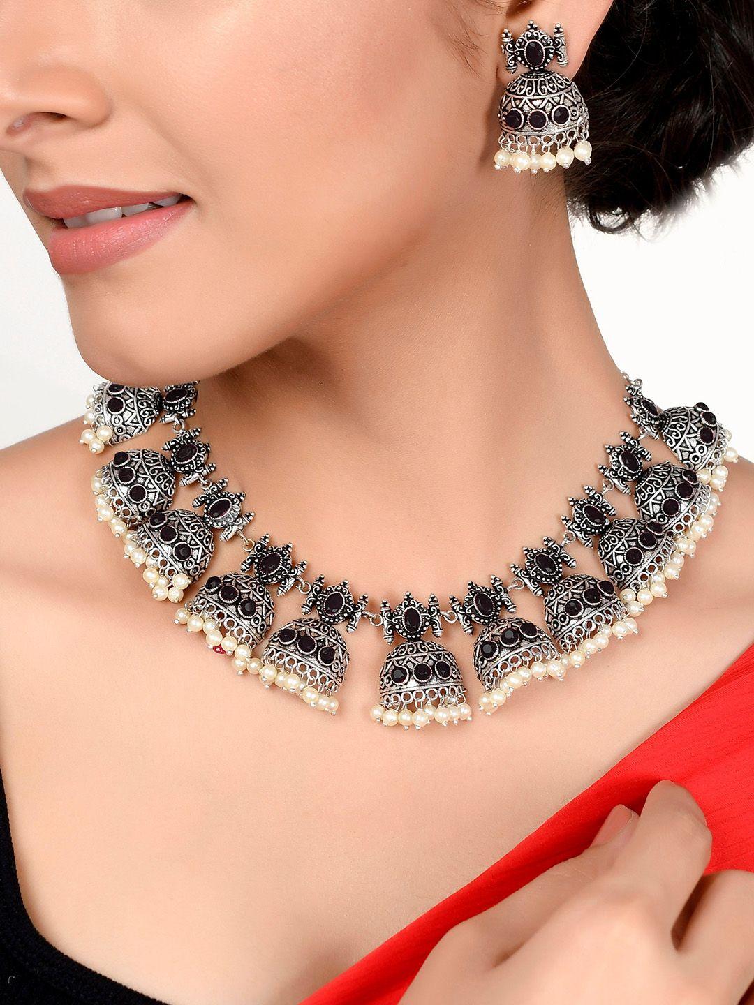 aquastreet jewels silver plated & black stone studded jewellery set