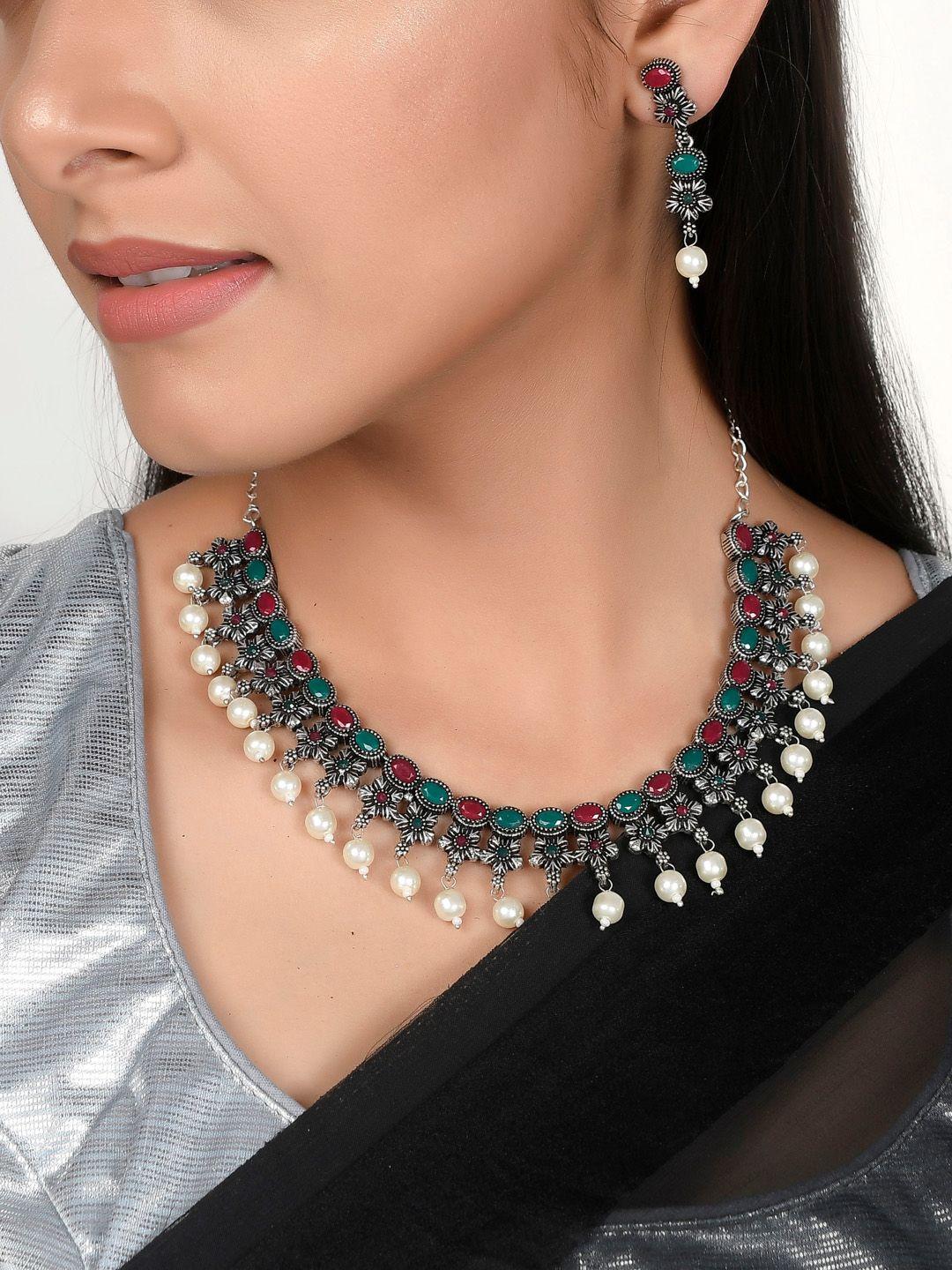 aquastreet jewels silver-plated oxidised red & green stone-studded & pearl-beaded jewellery set