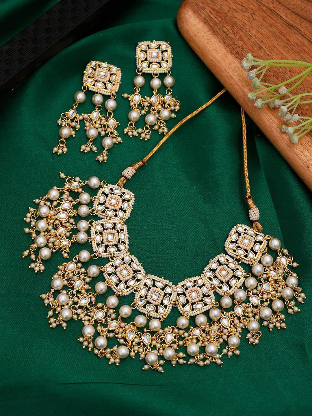 aquastreet jewels silver-plated white kundan-stone necklace & earrings set