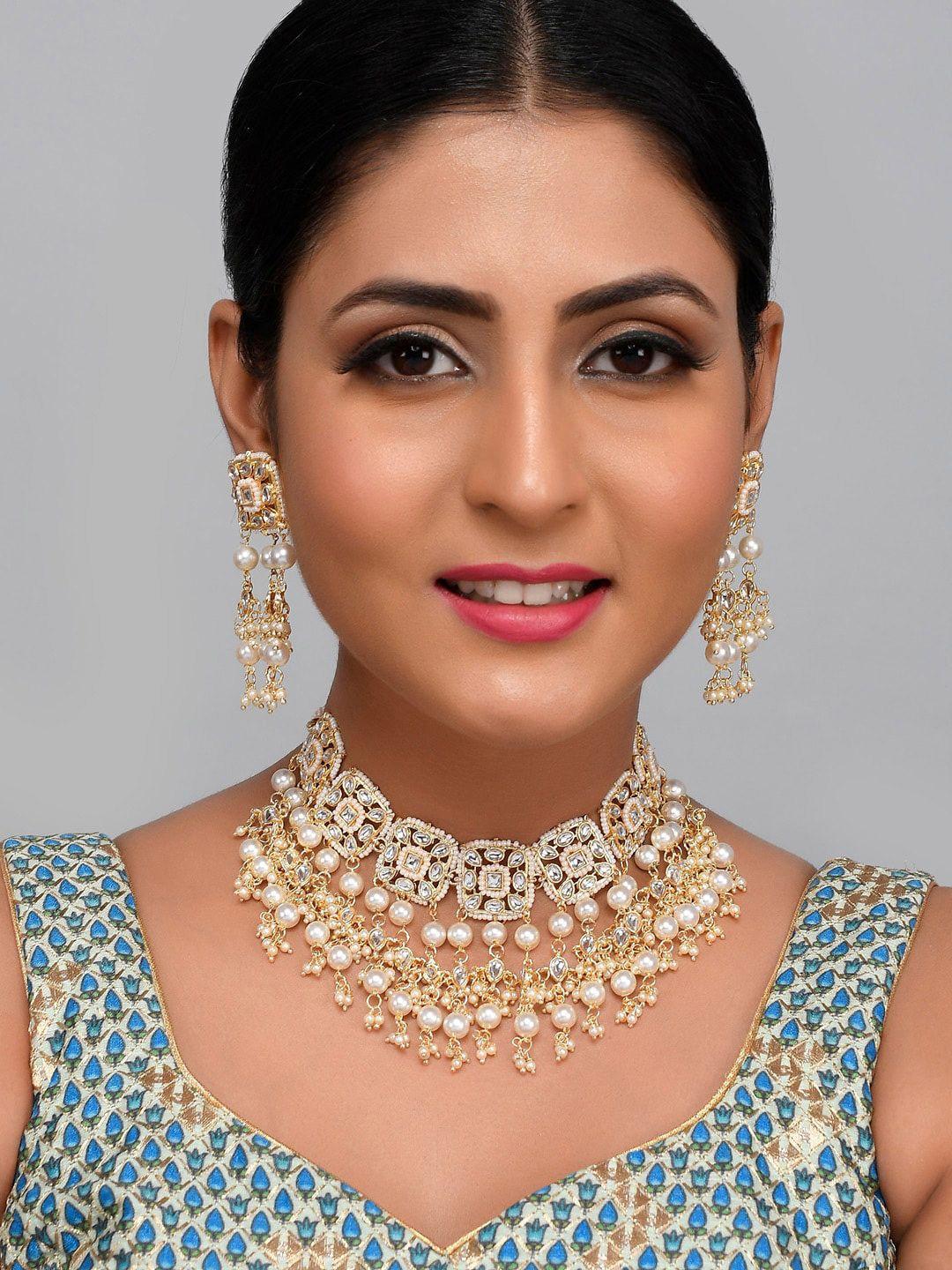 aquastreet jewels white kundan tassel necklace set with big pearl drops