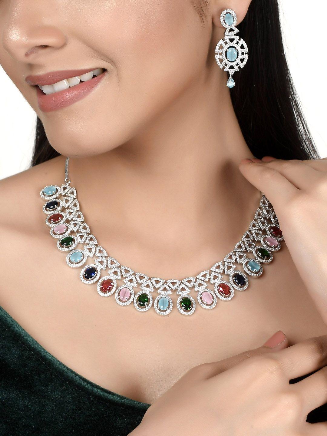 aquastreet jewels women silver plated multicoloured stone studded american diamond necklace set.