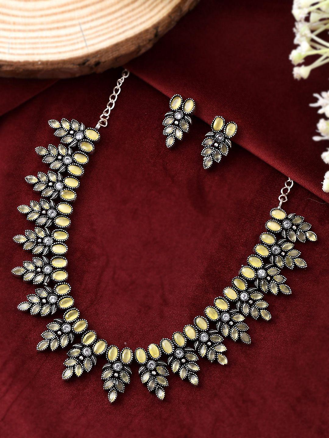 aquastreet jewels women silver-plated oxidized yellow stone-studded & beaded floral jewellery set