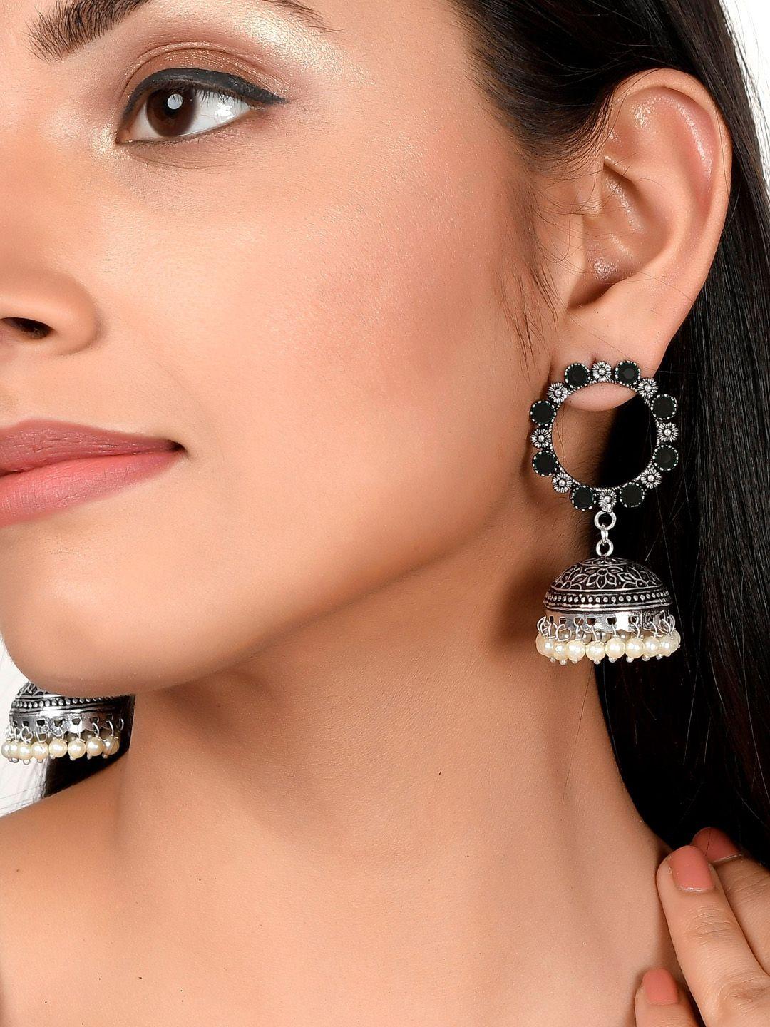 aquastreet oxidised silver-plated & black circular jhumkas earrings