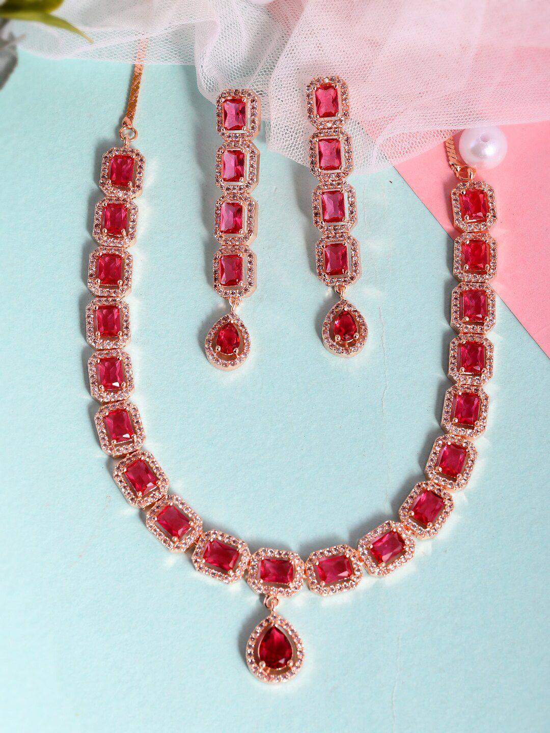 aquastreet rose gold-plated red & white cz stone studded jewellery set