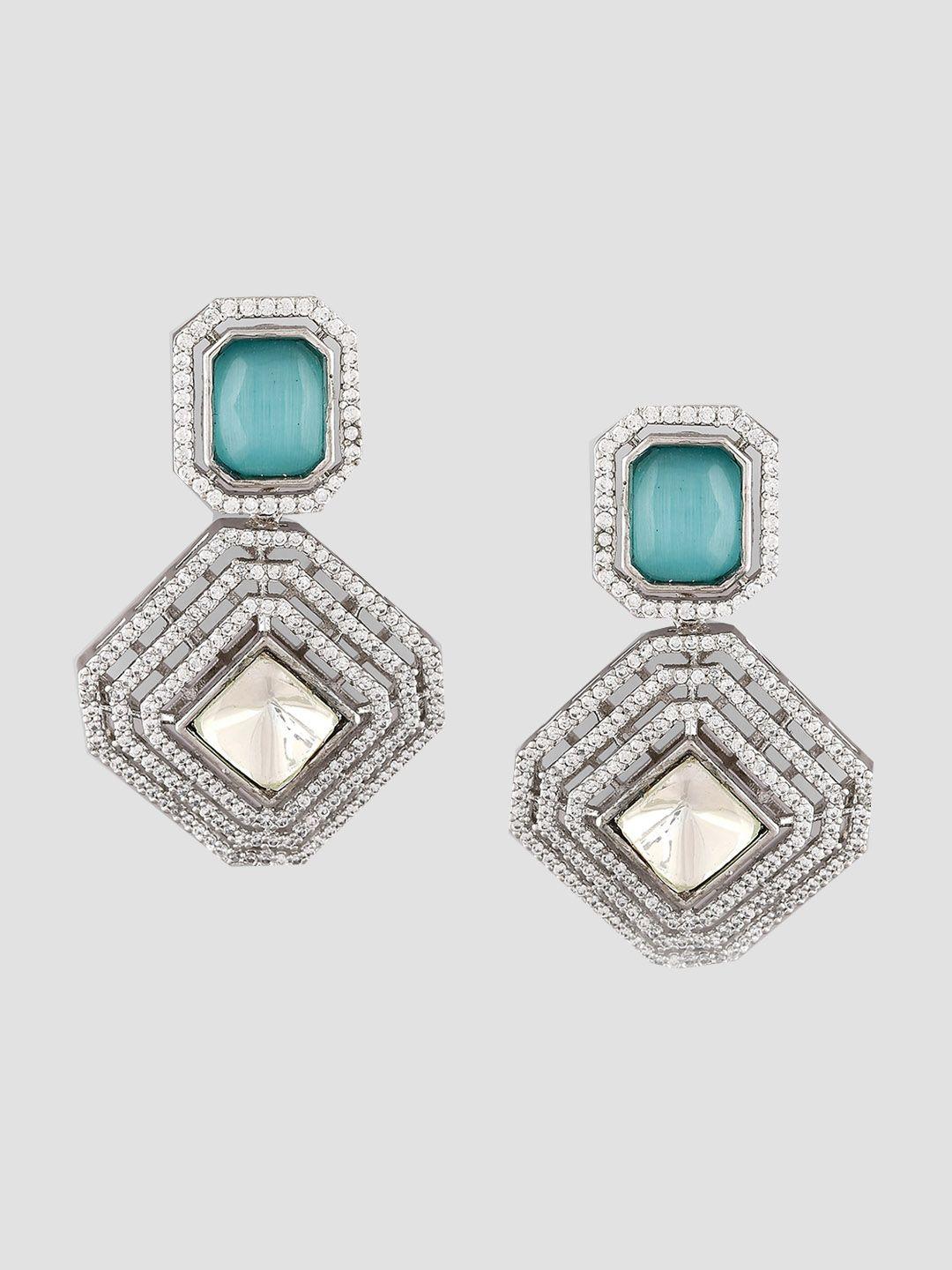 aquastreet silver-plated american diamond studded geometric drop earrings