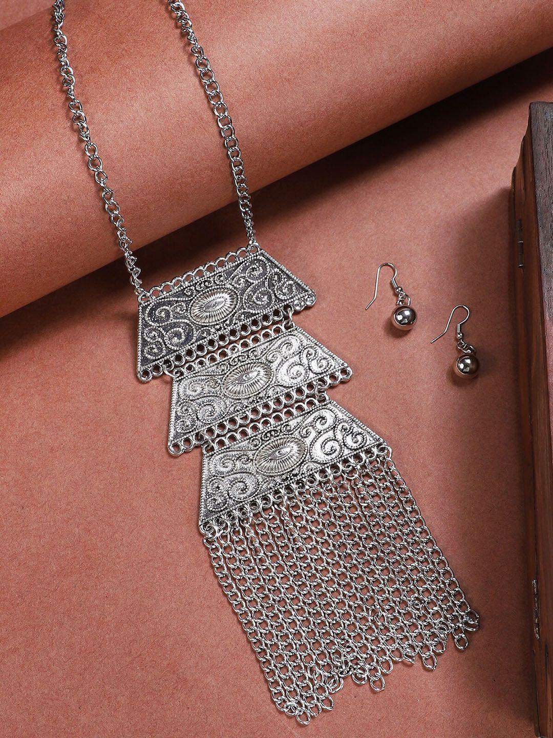 aquastreet silver-plated oxidised long three layered necklace & earring jewellery set