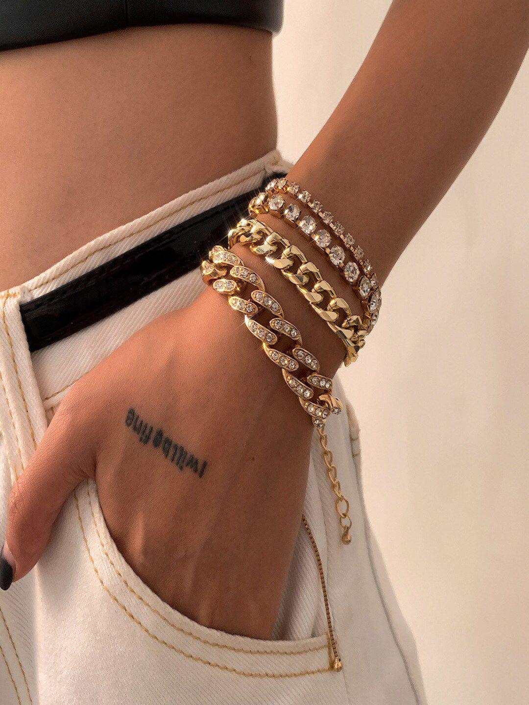 aquastreet women set of 4 gold-plated stone-studded link bracelet