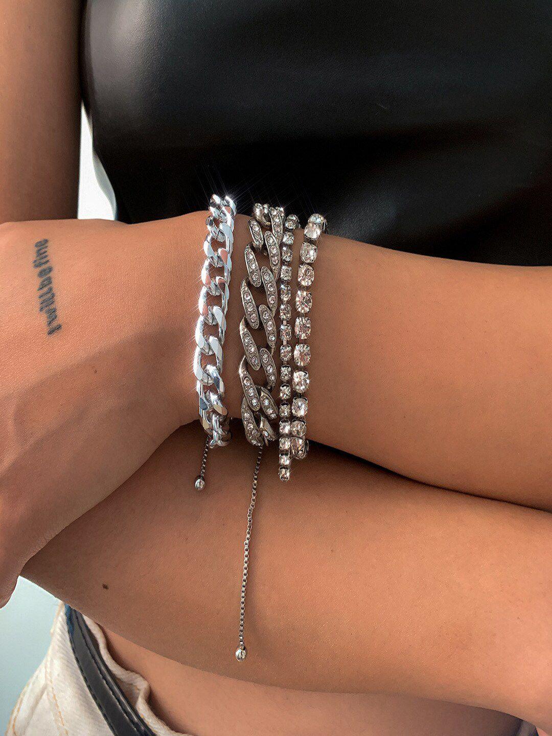 aquastreet women set of 4 silver-plated stone-studded link bracelet